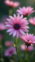 Obraz premium Delicate pink daisies glistening with morning dew