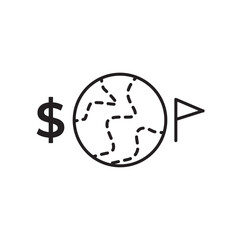 Editable stroke line icon of a globe with a dollar sign and arrow, symbolizing global finance, international payments, or economic flow. Ideal for apps, websites, and infographics on trade or economy.
