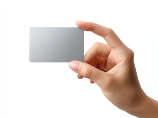 Obraz premium A hand holds a rectangular gray card against a white backdrop, showcasing fingers and details