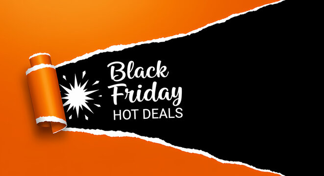 Black Friday Hot Deals Banner with Torn Orange Paper Effect