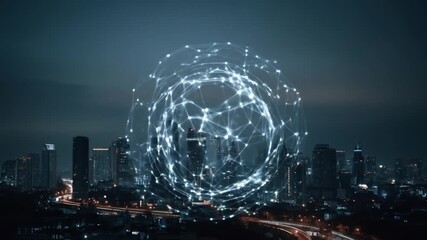 Abstract global network sphere illuminating a modern city skyline at night, symbolizing digital communication, data exchange, and future technology. - Powered by Adobe