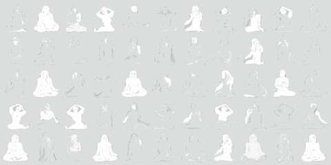Collection of diverse yoga poses and meditation silhouettes in white on a gray background