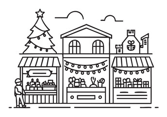 Fototapeta premium Christmas market scene with festive stalls, gift-wrapped presents, a large tree with decorations, and a person walking.