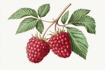 Exquisite botanical rendering of ripe raspberry fruit with meticulous shading and fine textural details in vintage aesthetic