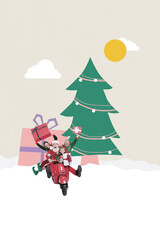 3d design artwork photo collage of happy old man santa claus ride motorbike elf team small girl young guys present surprise winter