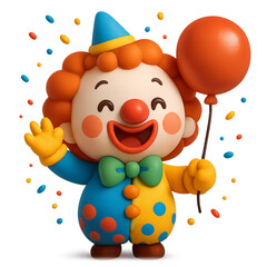 3D cartoon illustration of a cute joyful clown smiling with a balloon and party hat. Concept of a birthday party, celebration, carnival and fun for kids.