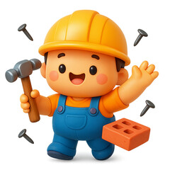 3D cartoon illustration of a cute boy builder holding a hammer, isolated on a transparent background. Concept of construction, repair, DIY, and friendliness with a playful kawaii mascot character.