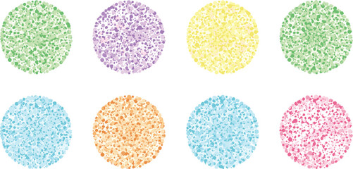 Abstract dotted circles, colorful pattern, Ishihara style, textured dots, modern design, decorative background, circular art, vibrant illustration, graphic element