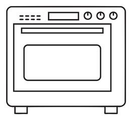 Obraz premium Black outline drawing of a simple rectangular microwave oven with various control buttons and a door handle.