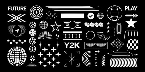 Collection of y2k futuristic abstract graphic design elements and icons on black background