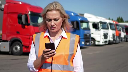 Woman in high-visibility vest using smartphone with trucks in background