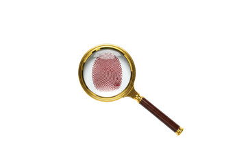 Isolated fingerprint under magnifying glass, criminal investigation and forensic science
