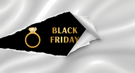 Black Friday sale banner with ripped paper background a diamond ring and golden text