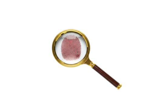 Isolated fingerprint under magnifying glass, criminal investigation and forensic science