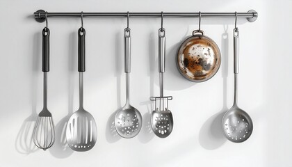 A collection of stainless steel kitchen utensils hanging neatly from a rack against a white wall.