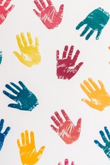 Vibrant Multicolored Handprints in Various Shapes and Sizes on Crisp White Background for Imaginative Projects