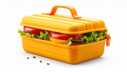 A creative concept of a healthy sandwich with fresh lettuce and tomato slices packed inside a yellow toolbox-style lunchbox on a white background.