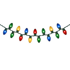 String of colorful C7 Christmas lights glowing on background bulb