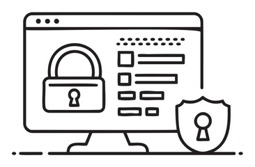 Black outline vector icon of a computer screen displaying a padlock, symbolizing cybersecurity, alongside a shield with a lock icon.