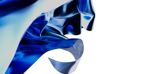 Abstract composition featuring dynamic blue fabric in motion with swirls and folds against a clean white backdrop, great for backgrounds and cre