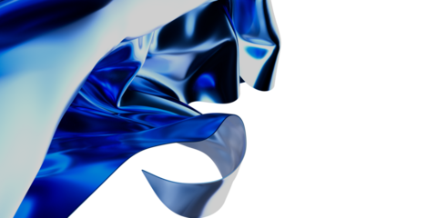 Abstract composition featuring dynamic blue fabric in motion with swirls and folds against a clean white backdrop, great for backgrounds and cre