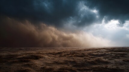 Approaching sandstorm sweeps across barren desert landscape