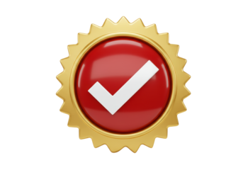 Isolated glossy red check mark badge with golden sunburst for validation and certification