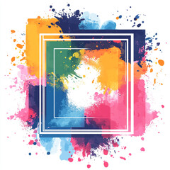 A vibrant, abstract vector illustration featuring a white square frame layered over a background of bright paint splatters and ink drips in yellow, blue, purple, and magenta colors.