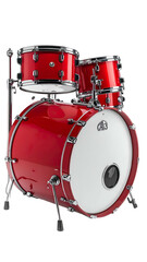Red drum set, glossy finish,  three drums, and bass drum