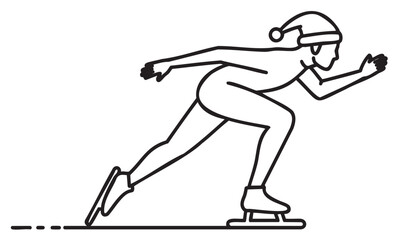 Obraz premium Black outline vector icon of a female figure skater wearing a hat and gloves, captured in a sprinting pose on ice.