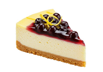 Isolated slice of decadent cheesecake with blueberries and a lemon twist as garnish