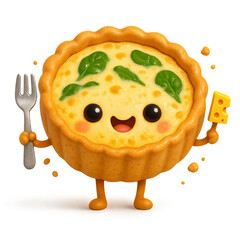 3D illustration of a smiling cartoon quiche character mascot. Concept of bakery, kids menu, and vegetarian food.