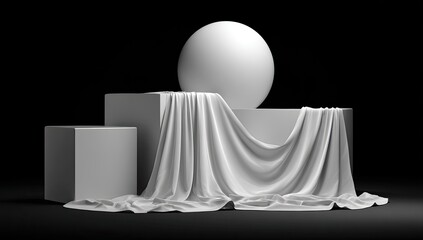 Sculptural still life geometric blocks draped with cloth supporting a sphere, dark background