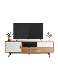 Light-brown wooden TV stand with white accents, featuring a flat-screen TV and small potted plants