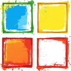 A vibrant, abstract vector illustration featuring a white square frame layered over a background of bright paint splatters and ink drips in yellow, blue, purple, and magenta colors.