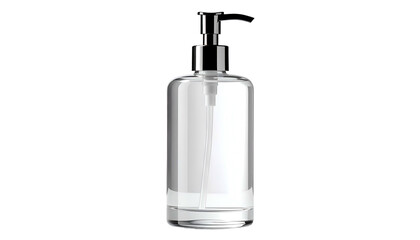 Clear glass pump bottle, cylindrical shape, with a silver pump top