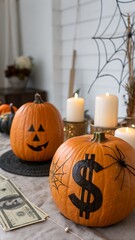 Obraz premium Pumpkins with Halloween decorations carved designs and festive ambiance dollar money symbold
