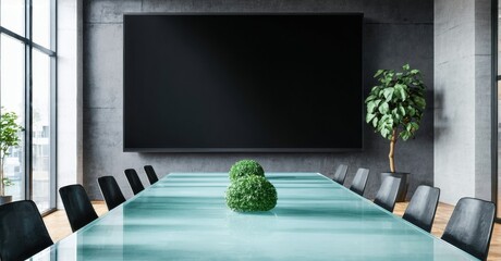 Modern conference room. Glass table dominates space, chairs surround it. Large screen covers wall. Plants add life, neutral tones prevail.