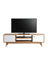 Light-brown wooden TV stand with white accents, featuring a flat-screen TV