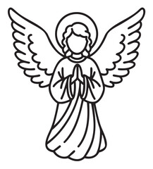 Black outline illustration of an angel with wings and a halo, depicted with hands in a praying position and a flowing robe.