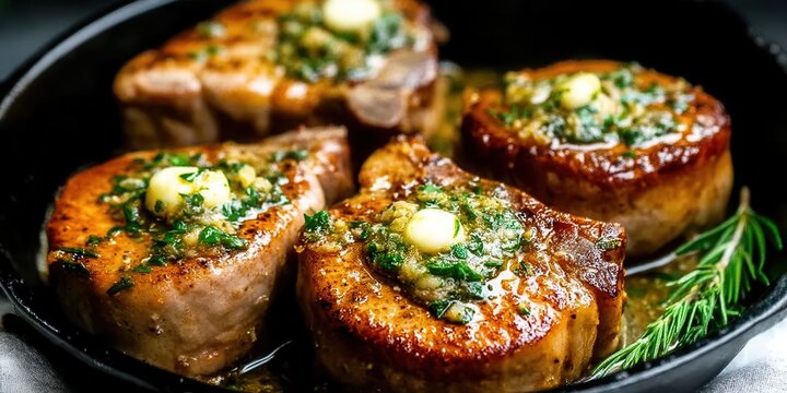 Deliciously Cooked Pork Chops Topped With Garlic Butter and Herbs in a Cast Iron Skillet