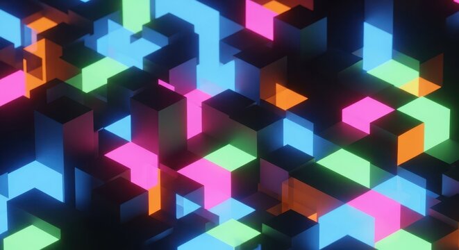 Vibrant neon geometric shapes forming an abstract digital art pattern