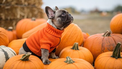 A cute French Bulldog puppy in an orange sweater sits among the pumpkins. Halloween pet.