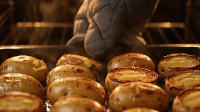 Baked potatoes sit on a baking sheet inside an oven with a gloved hand reaching in