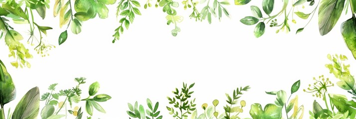 Lush Green Leaves and Twigs Forming Delicate Border Arrangement on Pure White Surface