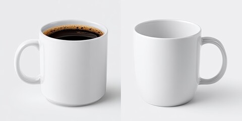 Two identical white mugs, one filled with dark coffee, the other empty