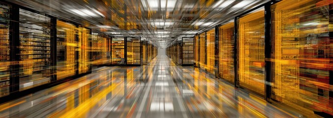 Photography of people working in a high-tech data center with a glowing light speed lines of data code running through the rows of server racks.