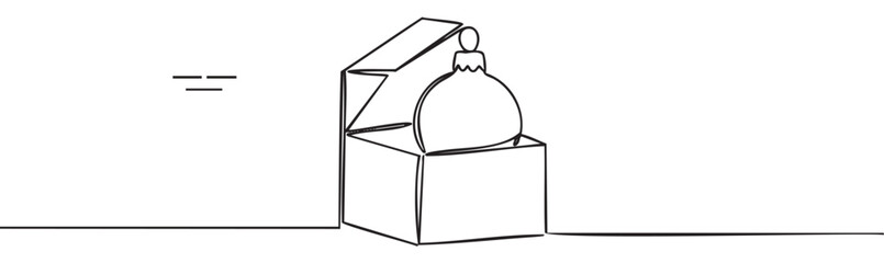 Obraz premium Black outline linear illustration of an open gift box containing a round christmas ornament with a hook on top. minimalistic design for holiday and celebration themes.
