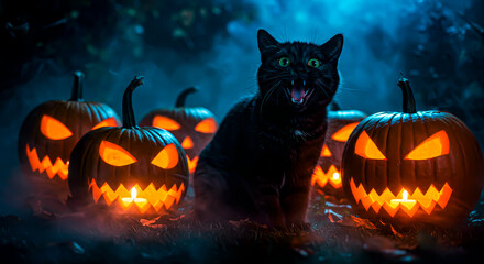 Fototapeta premium Halloween Night: Black Cat and an Army of Pumpkins