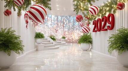 New Year's Festivity: A modern, festive interior is adorned with delightful decorations, featuring balloons, lights, and the number 2029, offering a vibrant sense of the approaching New Year.